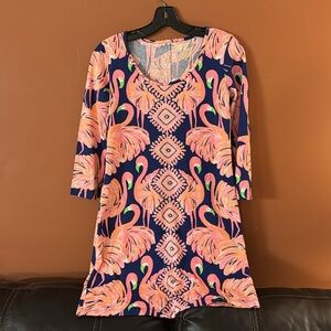 Lilly Pulitzer Cotton Long Sleeve Fitted Dress Navy Pink Flamingos size X-Small